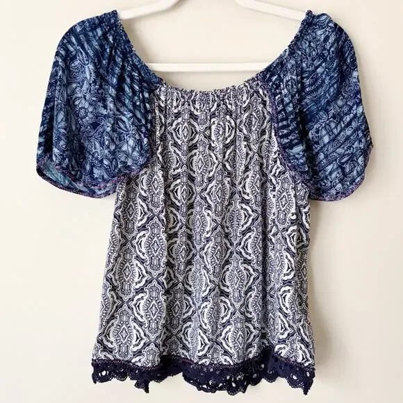 Gypsy 05 | Off Shoulder Paisley Eyelet Shirt Top Blue White Bohemian Large - Picture 5 of 7